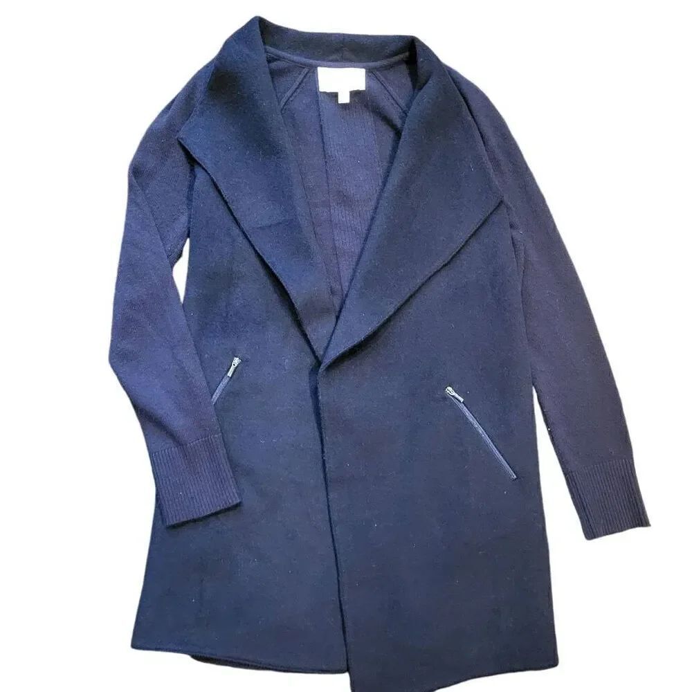 EtCetera Wool Jacket Women's XS Navy Blue Open Double Faced Zippered Pockets